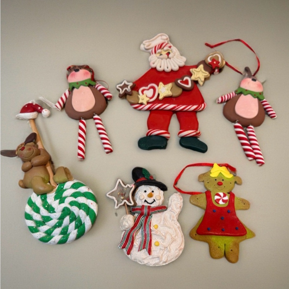 Lot of 6 Vintage Clay Dough Christmas Ornaments Santa Snowman Gingerbread